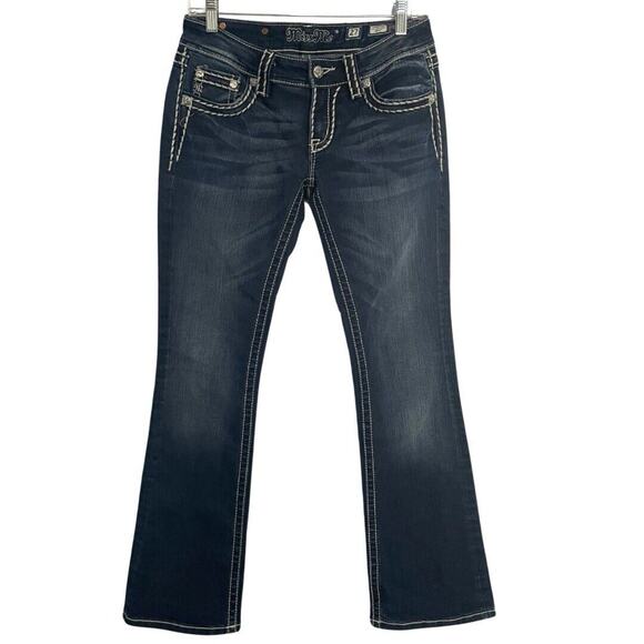 Miss Me Jeans Size 27 Blue Signature Boot Flap Pockets Low Rise Cowgirl Bling - Picture 1 of 12